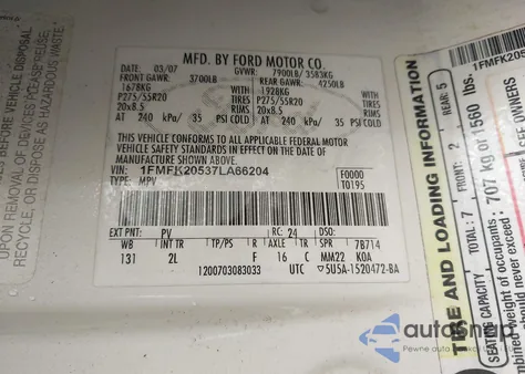 2007 Ford Expedition El Limited from USA, damaged, VIN 1FMFK20537LA66204